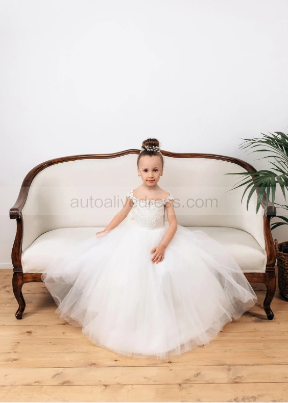 Ivory Lace Tulle V Back Flower Girl Dress With Removable Train